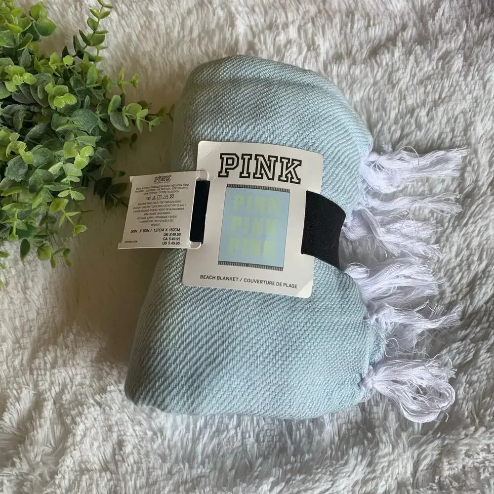 NWT PINK Victoria’s Secret Beach Blanket Tassel Throw Aqua Blue 50x60